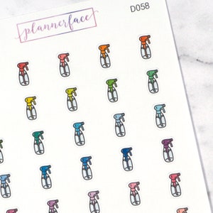 Stickers pour planificateur de flacon pulvérisateur | Mini-icônes de griffonnage (35 autocollants par feuille) de nettoyage et de corvée mignonnes et colorées