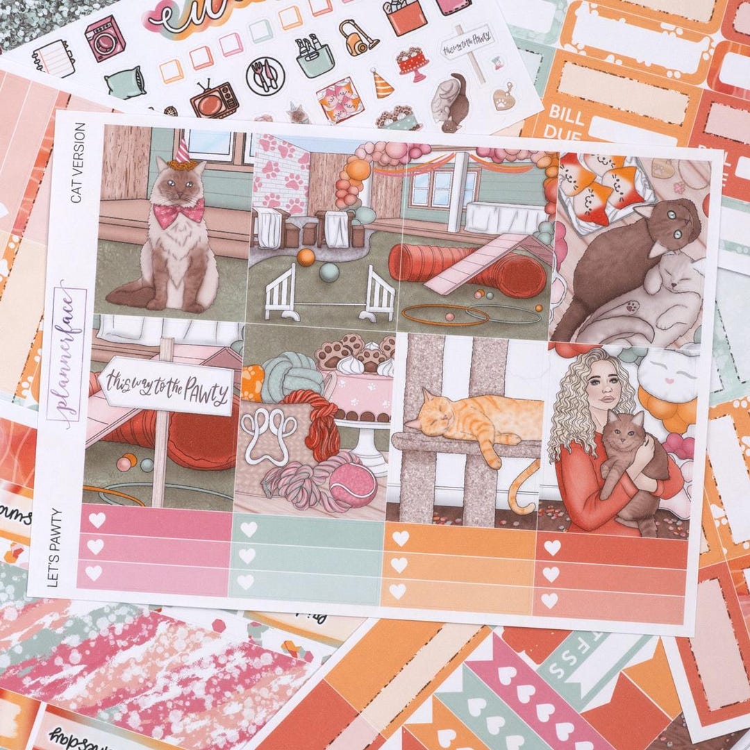 Let's Pawty (cat) Weekly Sticker Kit for Vertical Planning (7x9, B6 A5 ...