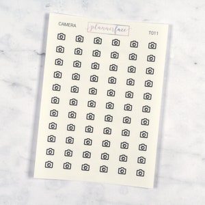 Adesivos transparentes de mini ícone de câmera | 66 adesivos de planejador transparente, planejamento funcional, minimalista, Hobonichi, preto transparente (T011)