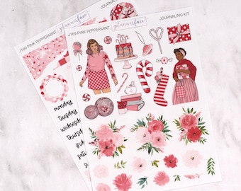 Pink Peppermint Xmas Journalling Kit for Bullet Journals & Notebooks, Scrapbooking Sticker Set, Daily Planner Decoration Bundle with Florals