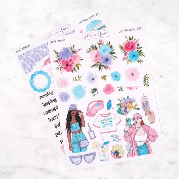 Miami Summer Journalling Kit for Bullet Journals & Notebooks, Scrapbooking Sticker Set, Daily Planner Decoration Bundle with Florals