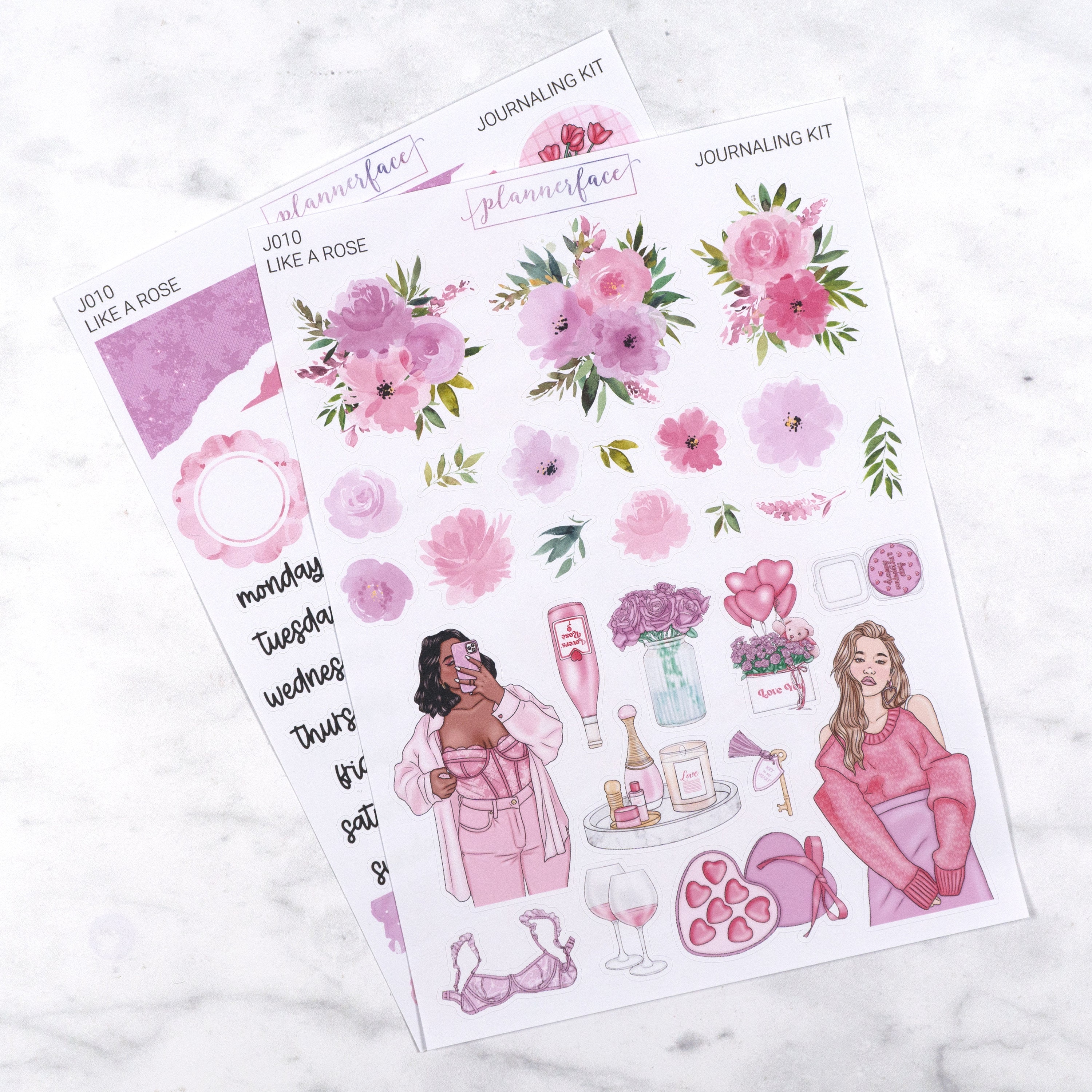 Like A Rose Journalling Kit for Bullet Journals & Notebooks, Scrapbooking Sticker Set, Daily Planner Decoration Bundle with Floral Deco