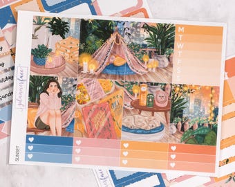Sunset Mini Weekly Kit | Summer Stickers for Vertical Planners, 4+ Page Decorative & Functional Set for Planning or Memory Keeping