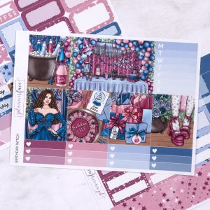 Kit settimanale mini strega di compleanno / adesivi per feste per pianificatori verticali, set decorativo e funzionale da 4 pagine per la pianificazione o la conservazione dei ricordi
