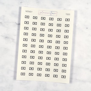 Adesivos transparentes de mini ícone de dinheiro | 66 adesivos de planejador transparente, planejamento funcional, minimalista, Hobonichi, preto transparente simples (T005)