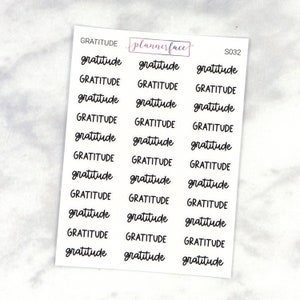 May include: A sheet of white stickers with the word "gratitude" in a handwritten font. The word is repeated multiple times. The text "plannerface" is in a purple box. The sheet also has the text "S032".