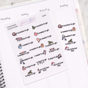 Stickers de l'agenda de Noël compte à rebours | Mini icônes de griffonnage (18 autocollants par feuille) mignonnes et colorées