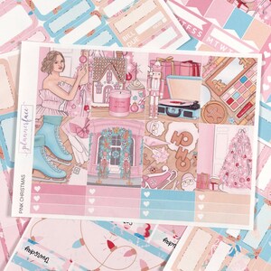 Kit hebdomadaire d'autocollants de Noël roses pour agendas verticaux de 1,5 pouce (7 x 9, B6, A5) Autocollants fonctionnels et décoratifs inclus - SVK