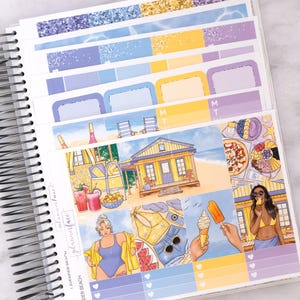 Kit di adesivi settimanali Lavender Beach per la pianificazione verticale (7x9, B6 A5) / 7+ pagine di adesivi funzionali e decorativi per planner, per conservare i ricordi
