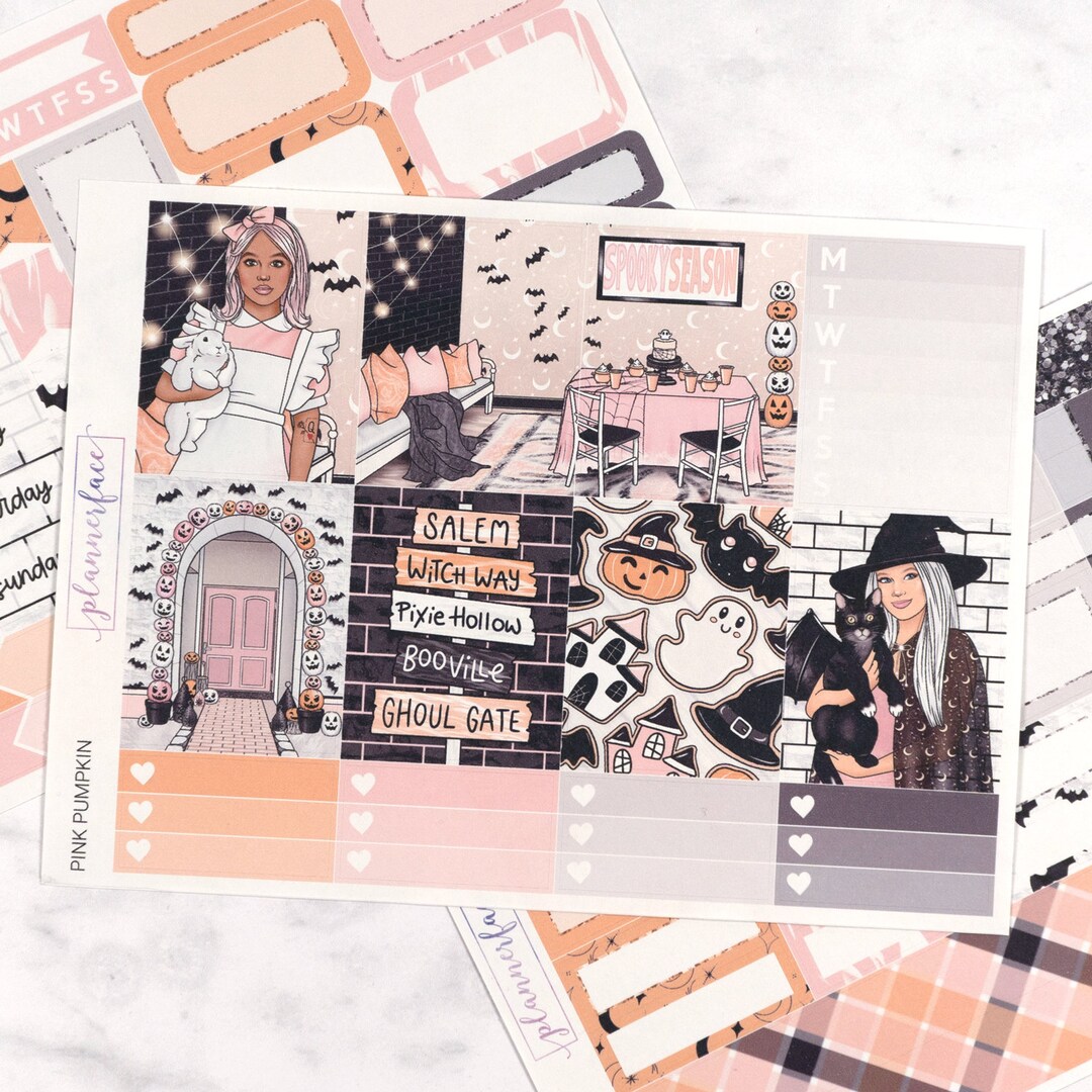 Pink Pumpkin Cute Halloween Planner Sticker Kit for 1.5 Inch Vertical ...