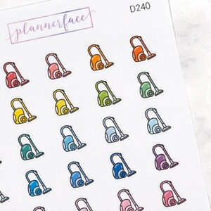 Stickers pour agenda sous vide | Mini-icônes de nettoyage et de corvée (35 autocollants par feuille) mignonnes et colorées