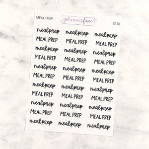 May include: A sheet of planner stickers featuring the words "meal prep" in a handwritten style. The stickers are black on a white background. The brand name "plannerface" is in a purple box at the top.