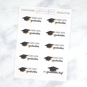 May include: A set of 9 graduation countdown stickers featuring a black graduation cap with a gold tassel. Each sticker has a different countdown phrase, such as "3 weeks until graduation" and "1 day until graduation". The last sticker says "It's graduation day!"