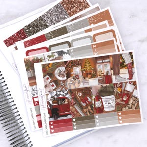Kit d'autocollants hebdomadaires de Noël pour cabane en rondins pour aménagement vertical (7 x 9, B6 A5) | 7 feuilles d'autocollants pour agenda fonctionnels et décoratifs, scrapbooking