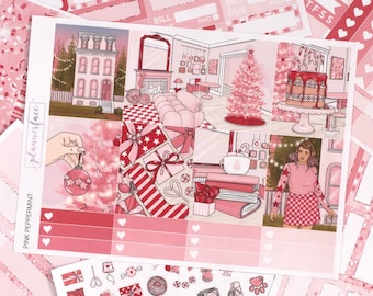 Pink Peppermint Weekly Sticker Kit for Vertical Planning (7x9, B6 A5) | 7+ Pages of Functional & Decorative Planner Stickers, Memory Keeping