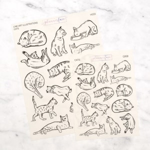 以下が含まれることがあります： 黒と白の猫のステッカーが2枚。ステッカーには、寝ている、座っている、歩いているなど、さまざまな猫のポーズが描かれています。ステッカーには、「Line Art Illustrations Cats」と「Plannerface」のラベルが貼られています。