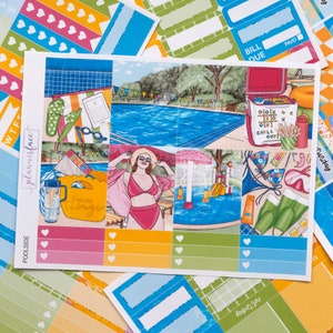 Kit d'autocollants hebdomadaires au bord de la piscine pour aménagement vertical (7 x 9, B6, A5) | Plus de 6 pages d'autocollants fonctionnels et décoratifs pour agenda, pour garder la mémoire