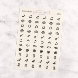 Adesivos transparentes de mini ícone de Halloween | 66 adesivos de planejador transparente, planejamento funcional, minimalista, Hobonichi, preto transparente simples (T030)