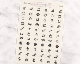 Halloween Mini Icon Transparent Stickers | 66 Clear Planner Stickers, Functional Planning, Minimalist, Hobonichi, Clear Black Simple (T030)