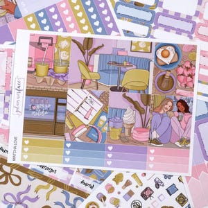 Matcha Love-weekstickerkit voor verticale planning (7 x 9, B6 A5) | 7 pagina's met functionele en decoratieve plannerstickers, geheugenfunctie