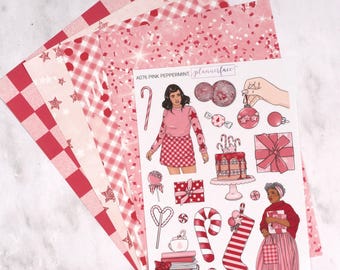 Pink Peppermint Christmas Junk Journal Set | Adhesive Patterned Papers & Deco Sticker Sheet for Scrapbooks, Planners, Crafts, Cardmaking