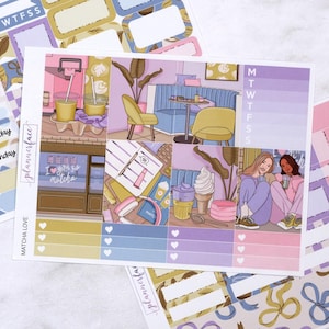 Matcha Love mini-weekpakket | Cafe Spring-stickers voor verticale planners, decoratieve en functionele set van 4 pagina's voor planning of het bewaren van herinneringen