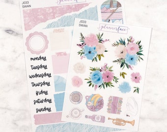 Swan Journalling Kit for Bullet Journals & Notebooks, Scrapbooking Sticker Set, Daily Planner Decoration Bundle with Floral Deco stickers