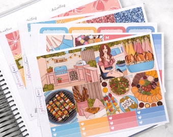 BBQ Summer Weekly Sticker Kit for Vertical Planning (7x9, B6 A5) | 6+ Pages of Functional & Decorative Planner Stickers, Memory Keeping