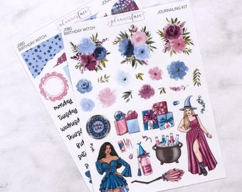 Birthday Witch Journalling Kit for Bullet Journals & Notebooks, Scrapbooking Sticker Set, Daily Planner Decoration Bundle with Florals