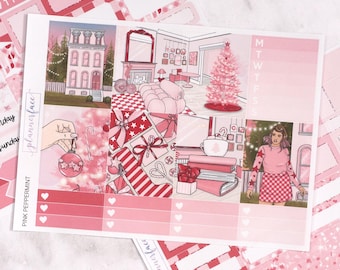 Pink Peppermint Mini Weekly Kit | Xmas Stickers for Vertical Planners, 4+ Page Decorative & Functional Set for Planning or Memory Keeping