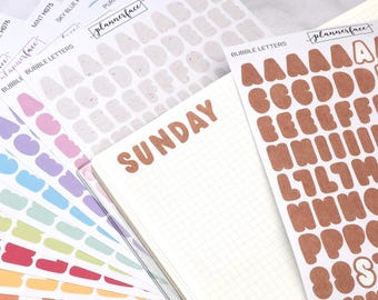 Bubble Letter Alphabet Journalling Stickers for Bullet Journals & Notebooks, Junk Journal Scrapbook Craft Aesthetic | 13 Colours