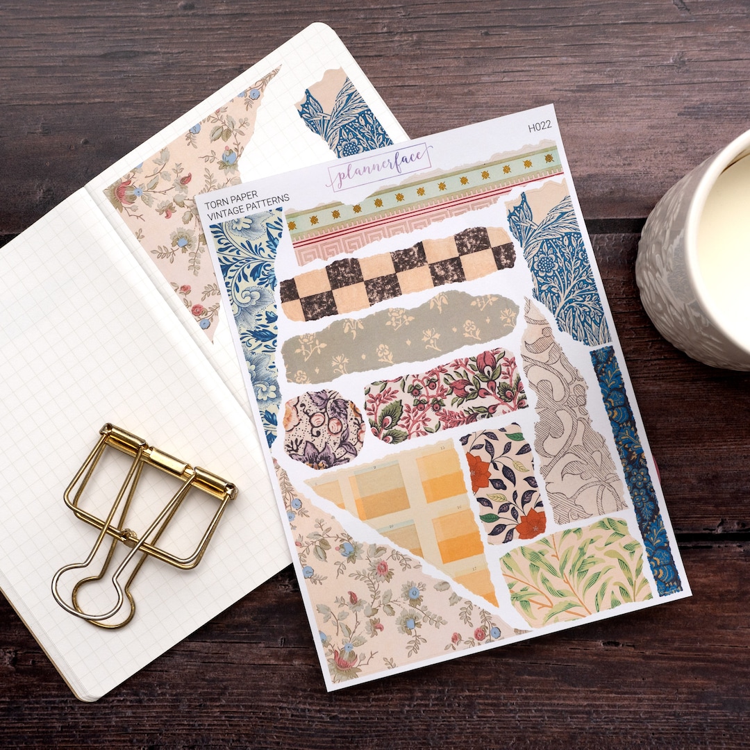 Vintage Bold Pattern Torn Paper Edge Journalling Stickers for Bullet ...