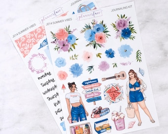 May include: Two sheets of planner stickers with a summer theme. One sheet features floral designs in pink, blue, and purple. The other sheet includes illustrations of a woman, food, and beach-themed elements. Text includes "Summer Vibes" and "Journaling Kit."