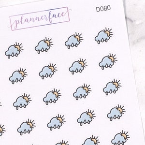 Lluvia con pegatinas del planificador solar / Mini iconos de garabatos de seguimiento del tiempo (35 pegatinas por hoja) para bujos, álbumes de recortes, calendarios