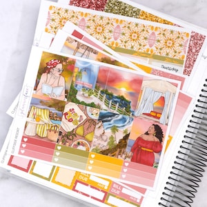 Kit di adesivi settimanali Cliffside Resort per la pianificazione verticale (7x9, B6 A5) / 7 pagine di adesivi funzionali e decorativi per planner, per conservare i ricordi