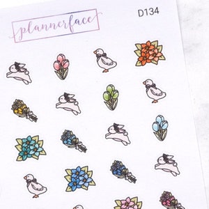 春のプランナーステッカー（花、アヒル、ウサギ） | ミニ落書きアイコン（1シートあたり35枚のステッカー）キュートでカラフル