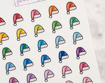 Santa Hat Planner Stickers | Festive, Xmas Mini Doodle Icons (35 Stickers Per Sheet) Cute & Colourful