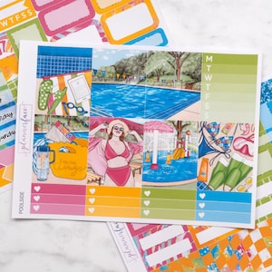 Mini kit semanal junto a la piscina / pegatinas para planificadores verticales, conjunto completo decorativo y funcional de más de 3 páginas para organización o mantenimiento de memoria