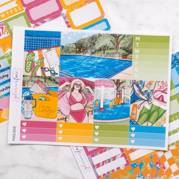 Poolside Mini Weekly Kit | Stickers for Vertical Planners, Complete 3+ Page Decorative & Functional Set for Organisation or Memory Keeping