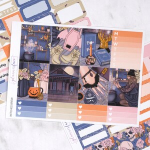 May include: A sheet of planner stickers with a Halloween theme. The stickers feature illustrations of a witch's cauldron, a haunted house, and a witch. The color palette includes blue, orange, and pink.