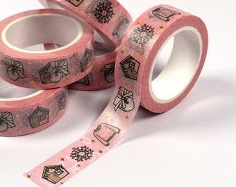 Pink Christmas | Gold Foiled Doodle Washi Tape | Plannerface Decorative Tape, Cute Stationery, Planner Tape, Scrapbooking