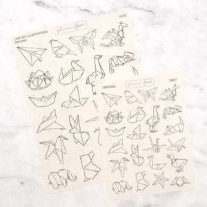 Origami Transparente Journaling Stickers für Planer, Bullet Journals, Notebooks, Scrapbooks | Schwarze Line Art Illustration zum Dekorieren