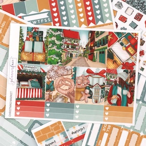 Kit d'autocollants hebdomadaires Marché de Noël pour aménagement vertical (7 x 9, B6 A5) | Plus de 6 pages d'autocollants décoratifs fonctionnels pour agenda, gardant la mémoire