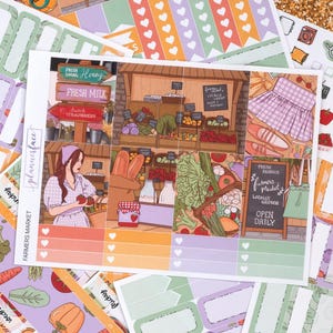 Wekelijkse stickerkit boerenmarkt voor verticale planning (7 x 9, B6 A5) | 6+ pagina's met functionele en decoratieve plannerstickers, geheugenfunctie