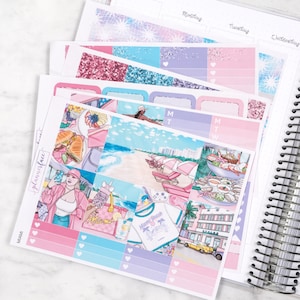 Kit d'autocollants hebdomadaires Miami pour aménagement vertical (7 x 9, B6, A5) | Plus de 6 pages d'autocollants fonctionnels et décoratifs pour agenda, pour garder la mémoire