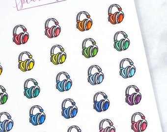 Headphones Planner Stickers | Podcast, Gaming, Music Mini Doodle Icons (35 Stickers Per Sheet) Cute & Colourful