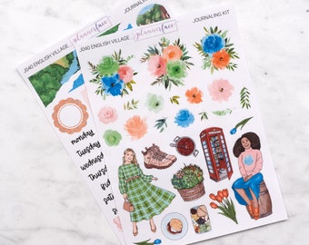 English Village Journalling Kit for Bullet Journals & Notebooks, Scrapbooking Sticker Set, Daily Planner Decoration Bundle with Florals