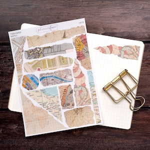 Vintage Maps V2 Adesivi per Bullet Journal e Quaderni con Bordo in Carta Strappata, Foglio di Adesivi per Scrapbooking