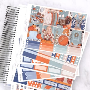 Kit d'autocollants hebdomadaires Fall Blues pour aménagement vertical (7 x 9, B6 A5) | Plus de 6 pages d'autocollants fonctionnels et décoratifs pour agenda, pour garder la mémoire