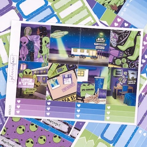 Kit d'autocollants hebdomadaires Area 51 pour aménagement vertical (7 x 9, B6 A5) | Plus de 6 pages d'autocollants fonctionnels et décoratifs pour agenda, pour garder la mémoire